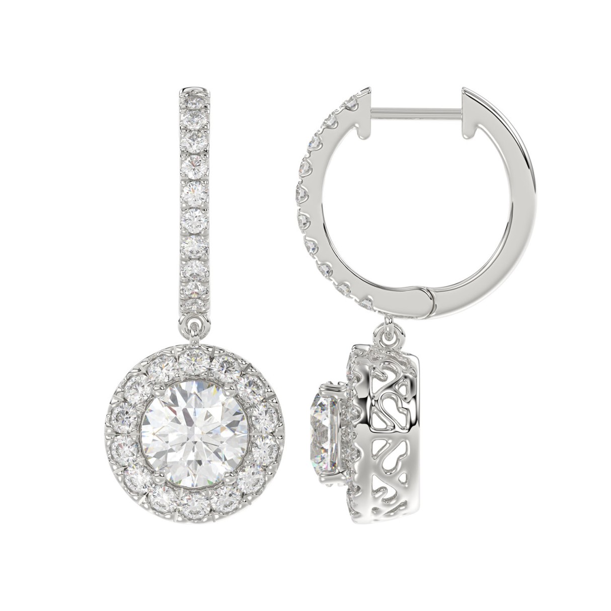 LADIES EARRINGS 3CT ROUND DIAMOND 14K WHITE GOLD (CENTER STONE ROUND DIAMOND 2CT )