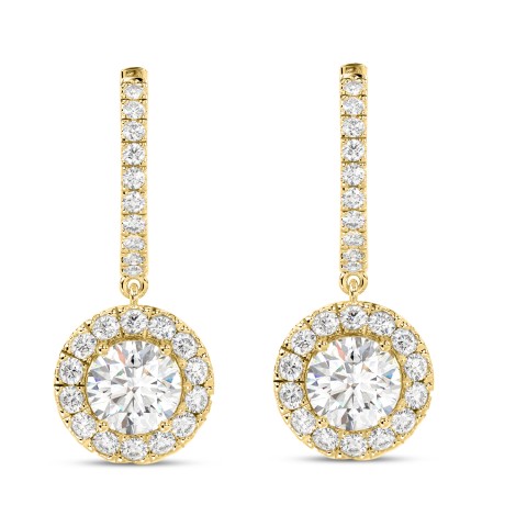 LADIES EARRINGS 3CT ROUND DIAMOND 14K YELLOW GOLD (CENTER STONE ROUND DIAMOND 2CT )