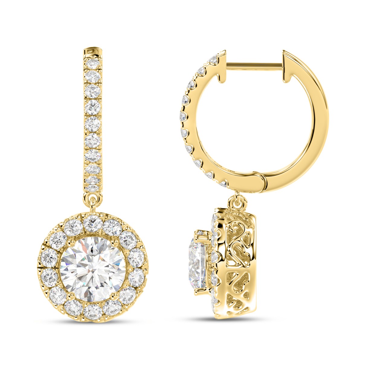 LADIES EARRINGS 3CT ROUND DIAMOND 14K YELLOW GOLD (CENTER STONE ROUND DIAMOND 2CT )