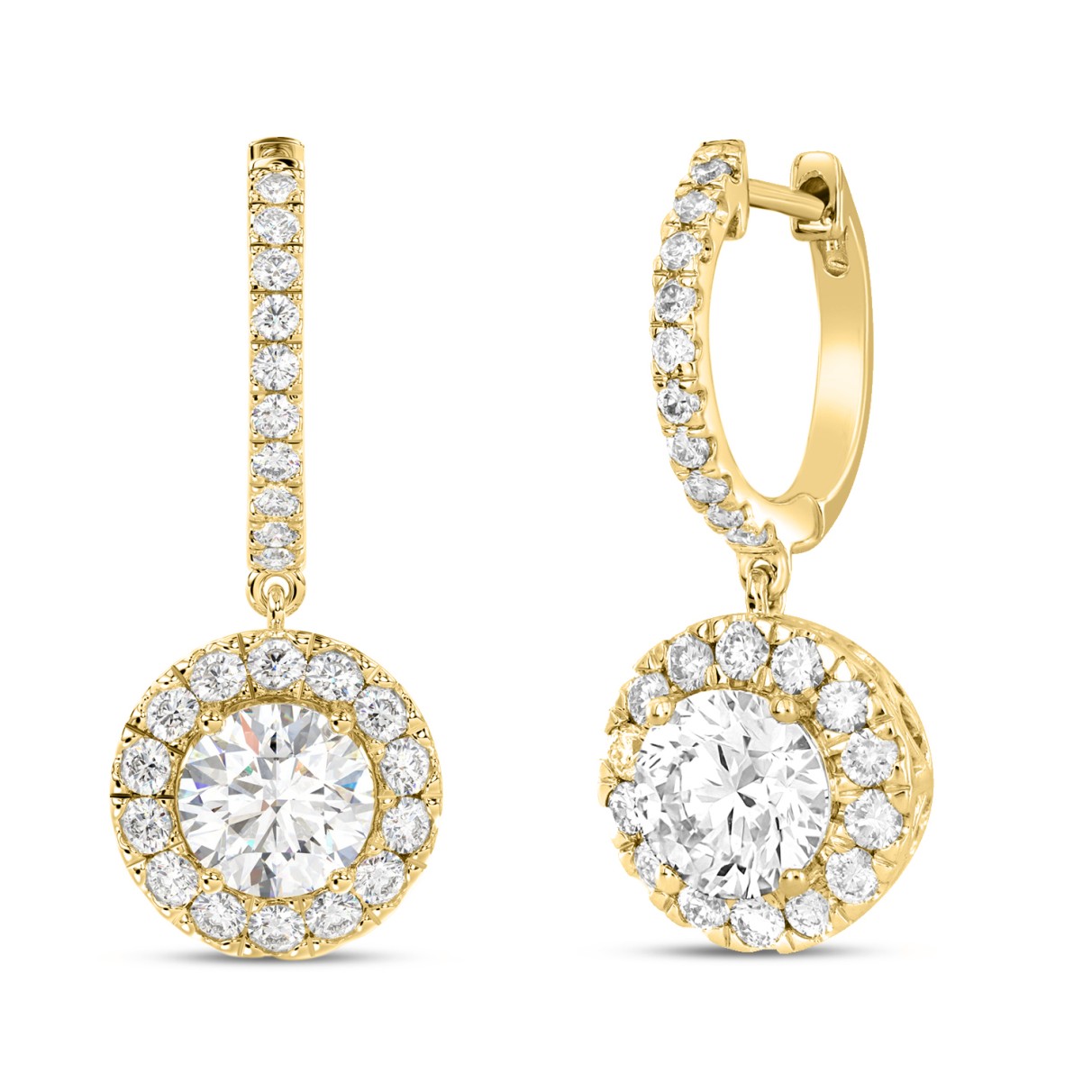 LADIES EARRINGS 3CT ROUND DIAMOND 14K YELLOW GOLD (CENTER STONE ROUND DIAMOND 2CT )