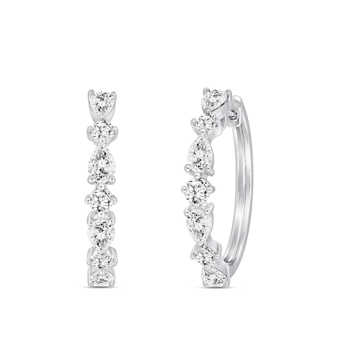 LADIES HOOP EARRINGS 2CT ROUND/PEAR DIAMOND 14K WHITE GOLD