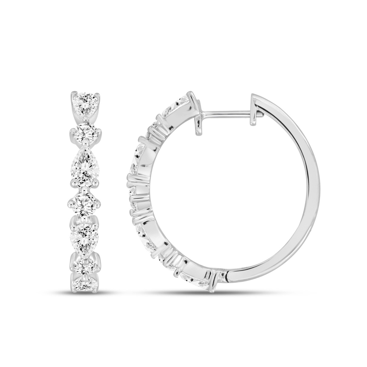 LADIES HOOP EARRINGS 2CT ROUND/PEAR DIAMOND 14K WHITE GOLD