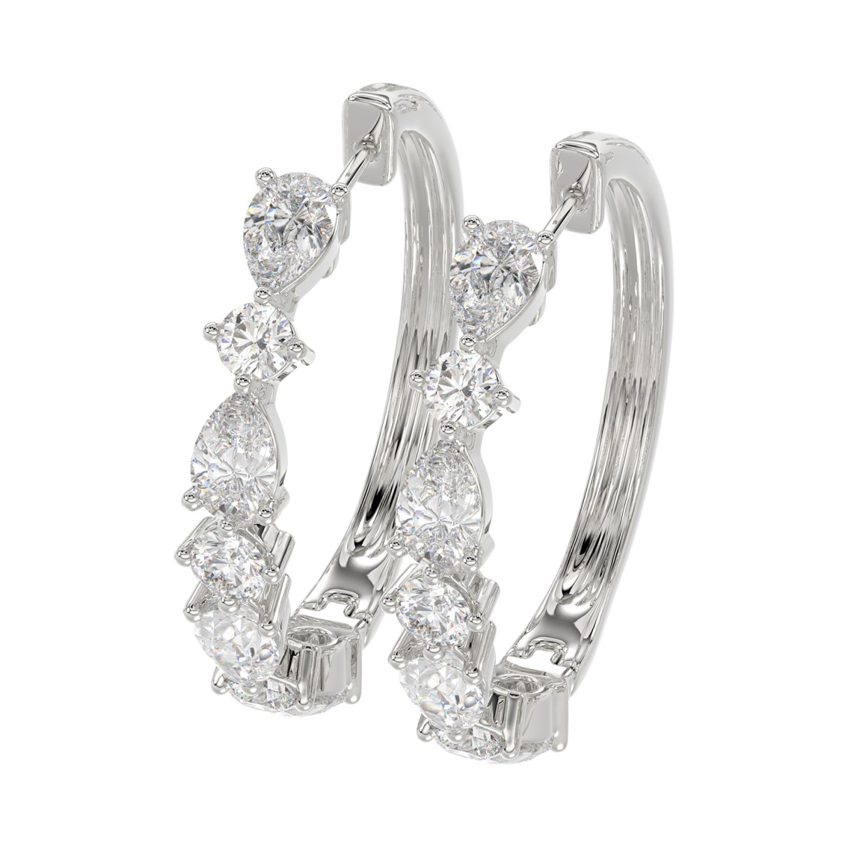 LADIES HOOP EARRINGS 2CT ROUND/PEAR DIAMOND 14K WHITE GOLD