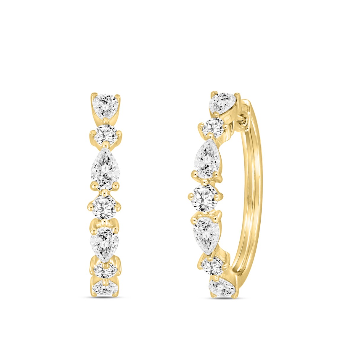 LADIES HOOP EARRINGS 2CT ROUND/PEAR DIAMOND 14K YELLOW GOLD