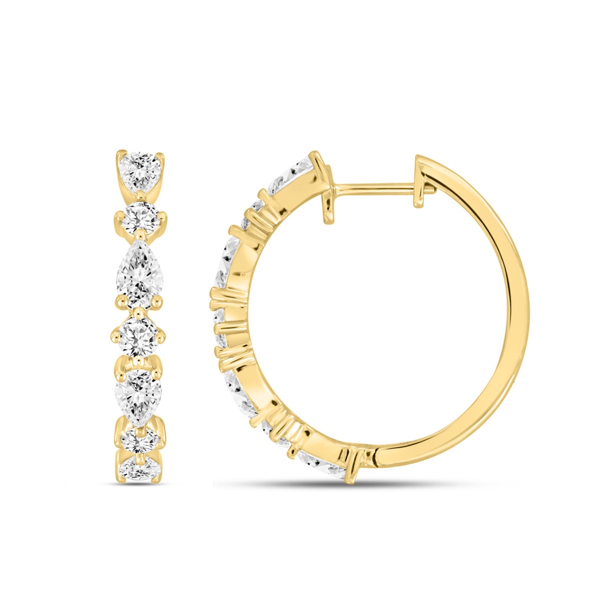 LADIES HOOP EARRINGS 2CT ROUND/PEAR DIAMOND 14K YELLOW GOLD