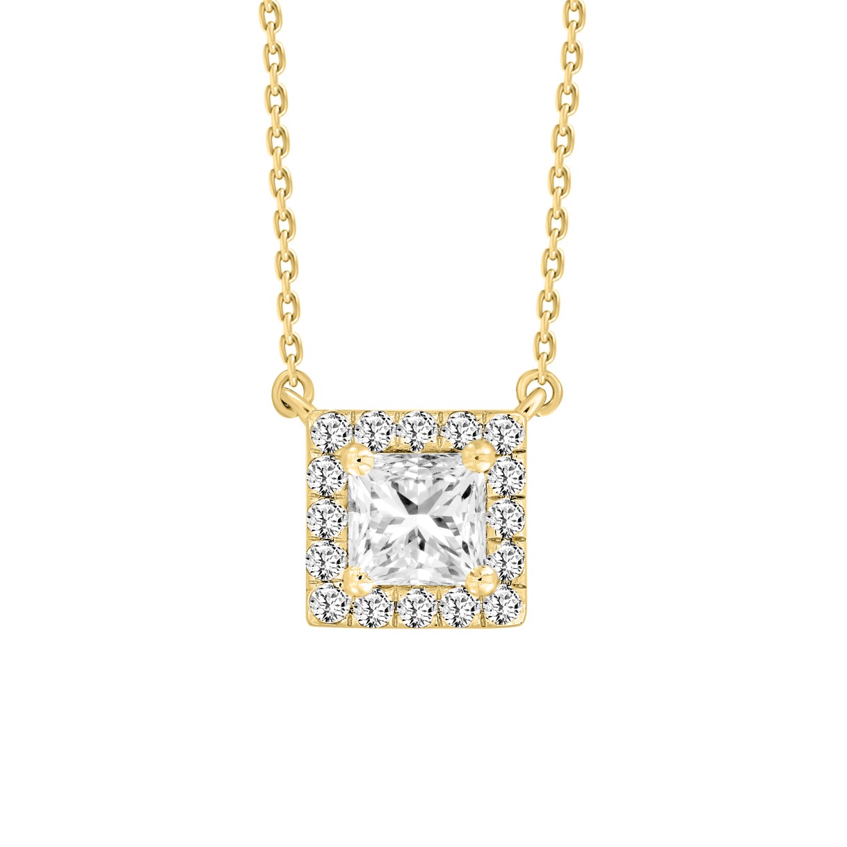 LADIES NECKLACE 1CT ROUND/PRINCESS DIAMOND 14K YELLOW GOLD (CENTER STONE PRINCESS DIAMOND 3/4CT )