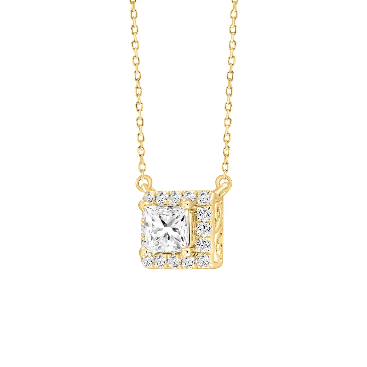 LADIES NECKLACE 1CT ROUND/PRINCESS DIAMOND 14K YELLOW GOLD (CENTER STONE PRINCESS DIAMOND 3/4CT )