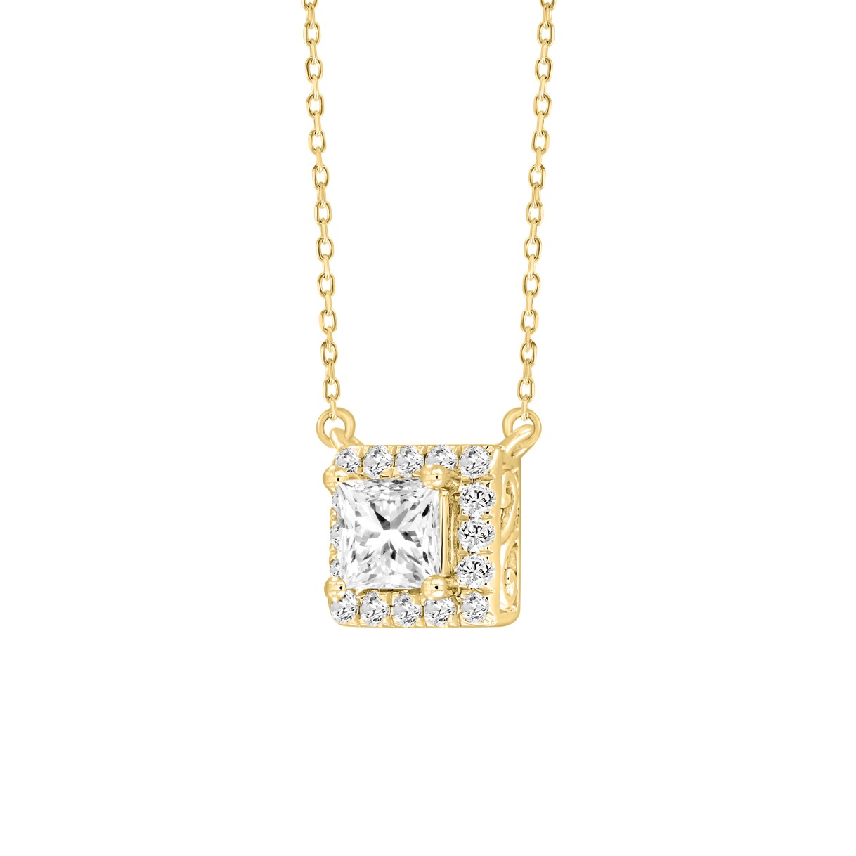 LADIES NECKLACE 1CT ROUND/PRINCESS DIAMOND 14K YELLOW GOLD (CENTER STONE PRINCESS DIAMOND 3/4CT )