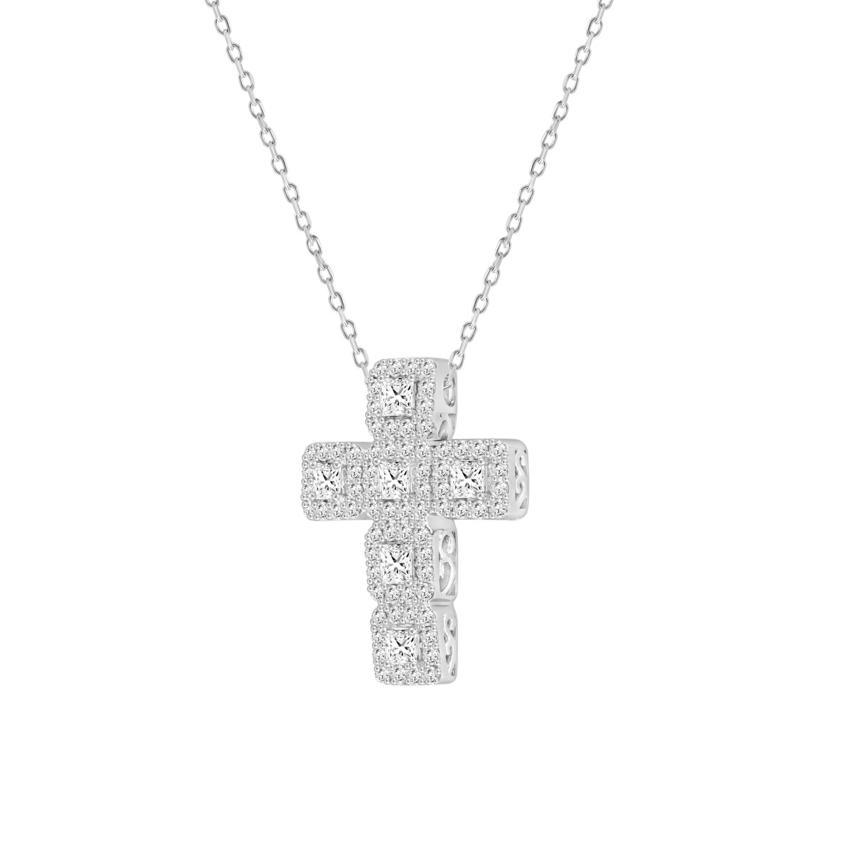 LADIES CROSS PENDANT WITH CHAIN 3CT ROUND/PRINCESS DIAMOND 14K WHITE GOLD