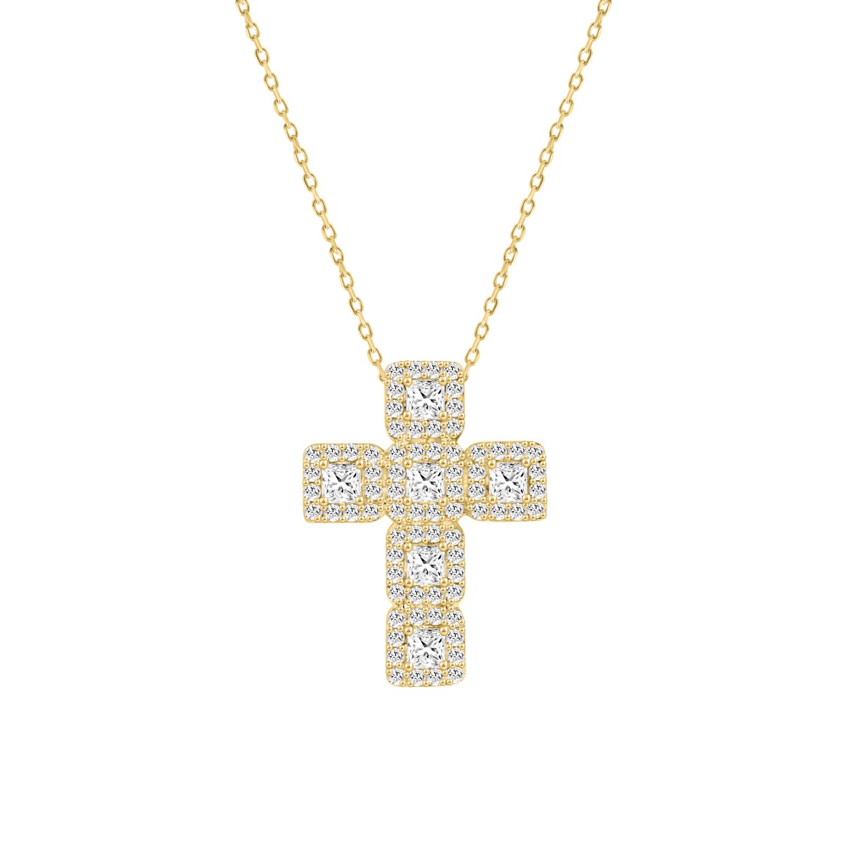 LADIES CROSS PENDANT WITH CHAIN 3CT ROUND/PRINCESS DIAMOND 14K YELLOW GOLD