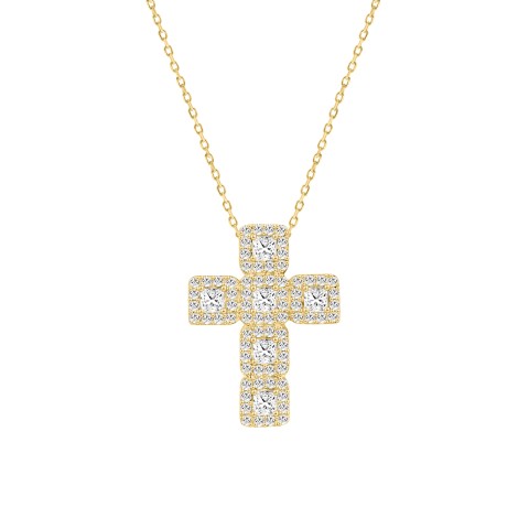 LADIES CROSS PENDANT WITH CHAIN 3CT ROUND/PRINCESS DIAMOND 14K YELLOW GOLD