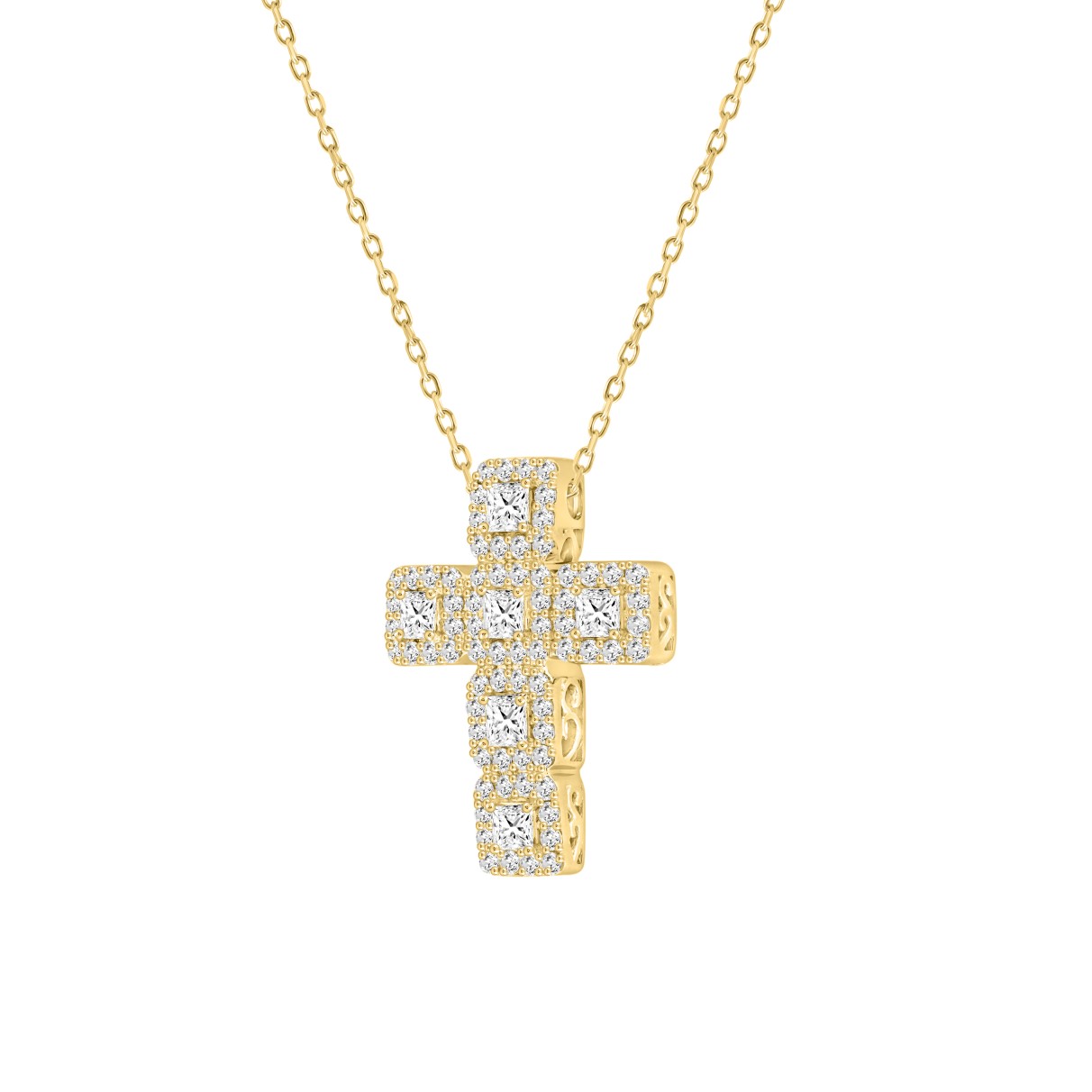 LADIES CROSS PENDANT WITH CHAIN 3CT ROUND/PRINCESS DIAMOND 14K YELLOW GOLD