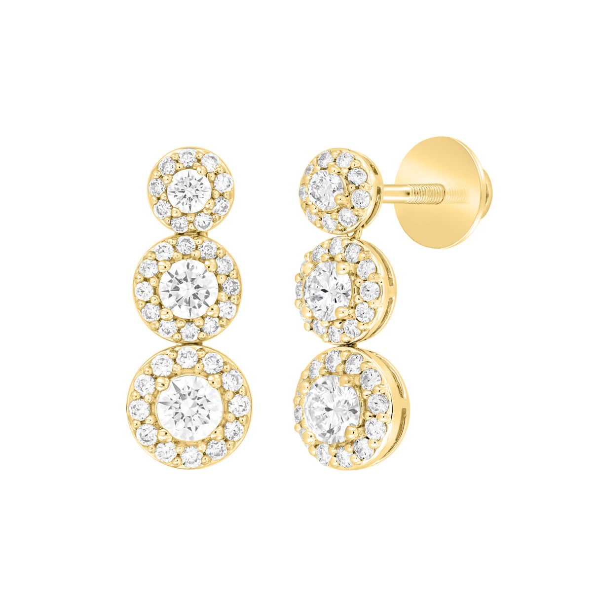 LADIES EARRINGS 3 3/4CT ROUND DIAMOND 14K YELLOW GOLD (CENTER STONE ROUND DIAMOND 1 1/3C T )