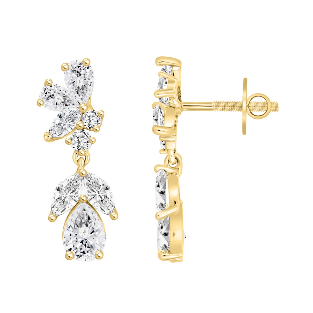 LADIES EARRINGS 4CT ROUND/MARQUISE/PEAR DIAMOND 14K YELLOW GOLD