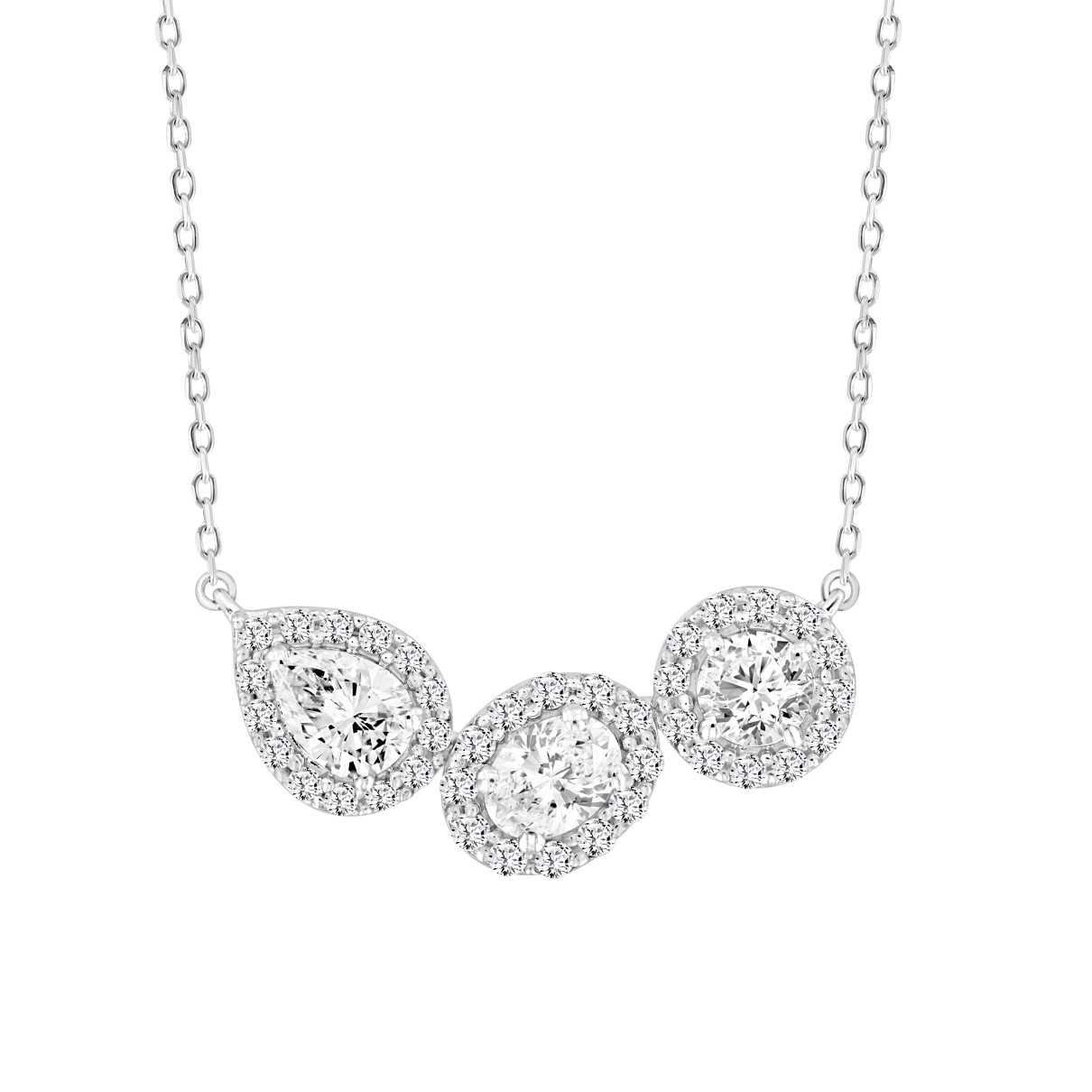 LADIES NECKLACE 2 1/2CT ROUND/PEAR/OVAL DIAMOND 14K WHITE GOLD (CENTER STONE ROUND/PEAR/OVAL DIAMOND 1/2CT 3/4CT 5/8CT )