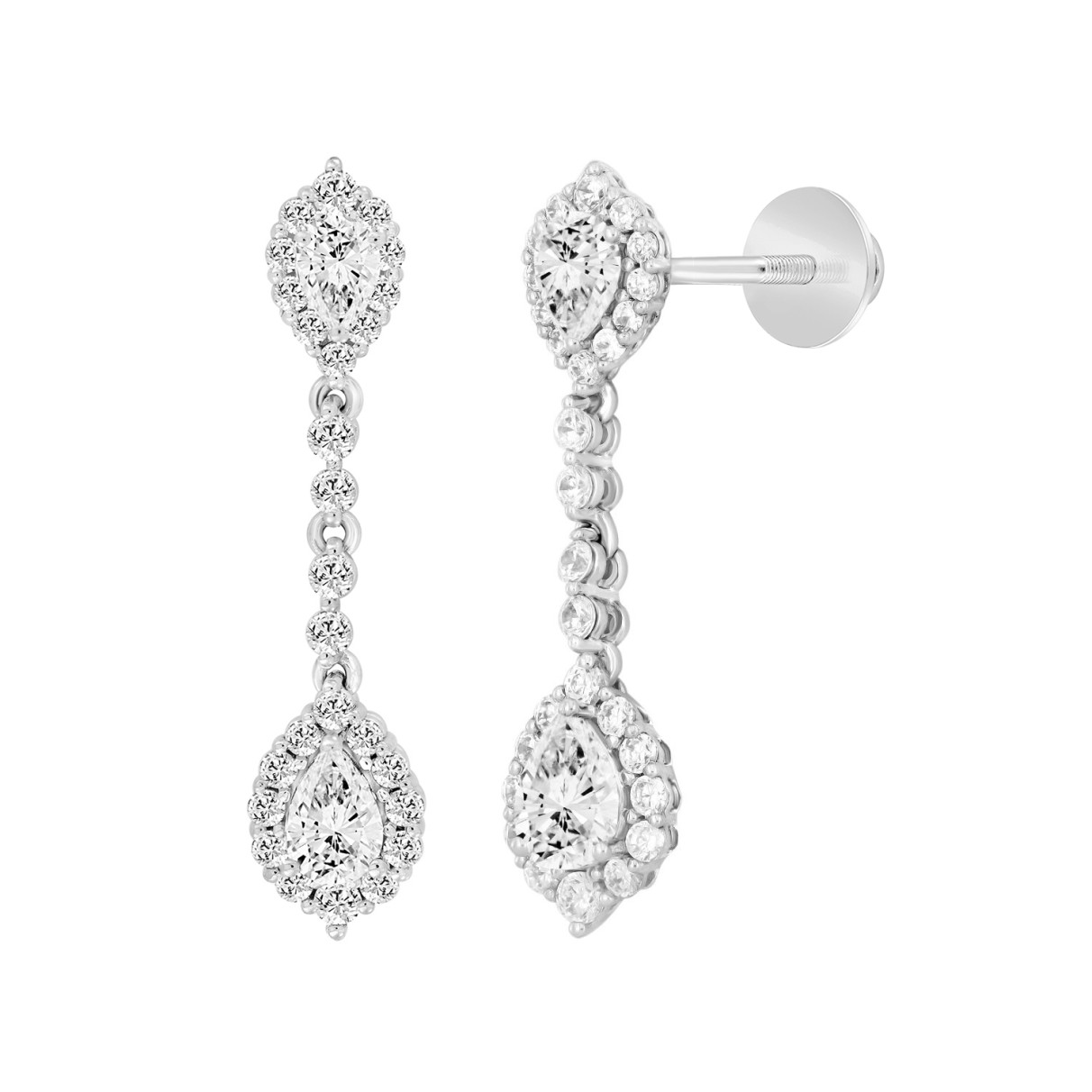 LADIES LINEAR EARRINGS 2 3/4CT PEAR/ROUND DIAMOND 14K WHITE GOLD (CENTER STONE PEAR DIAMOND 1CT )