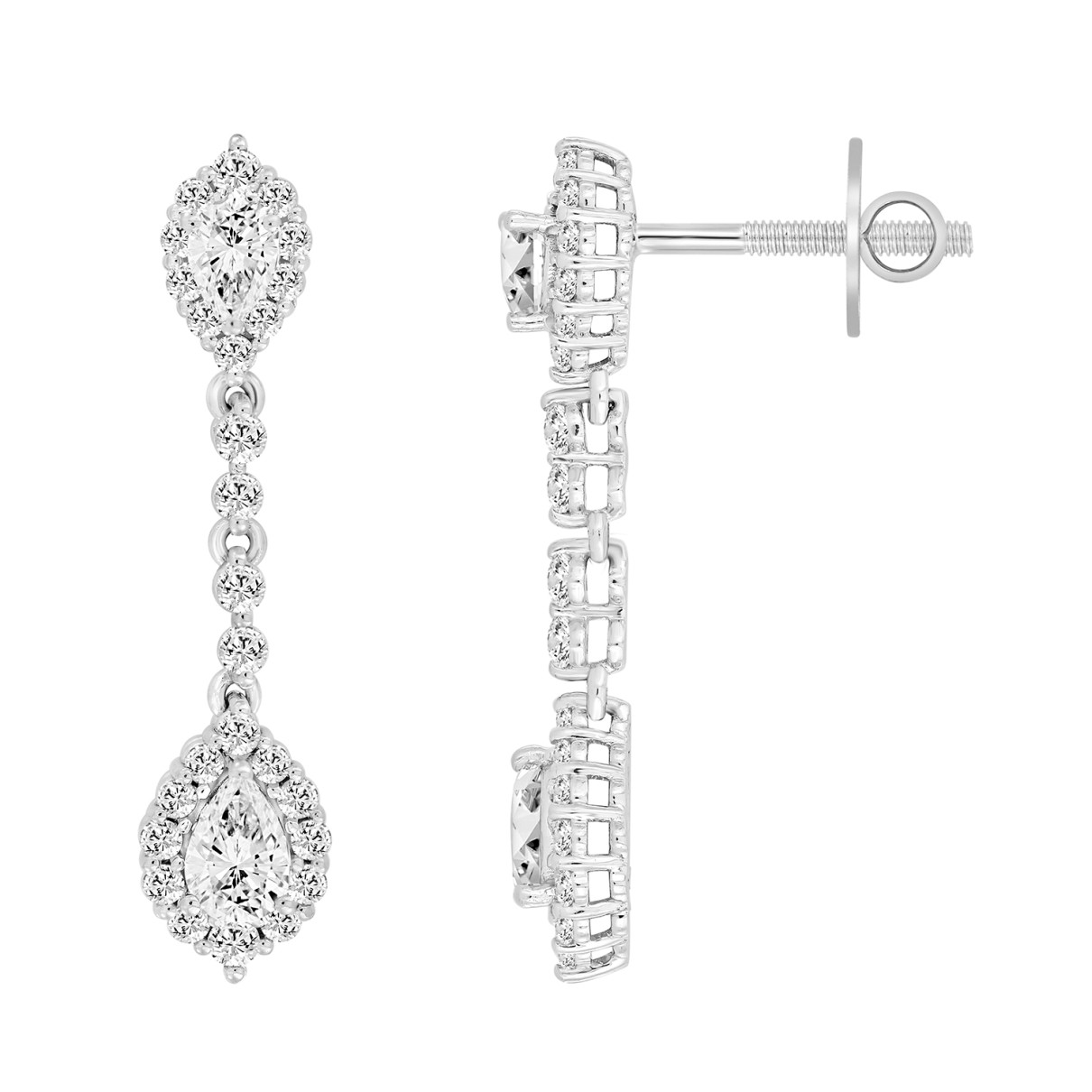 LADIES LINEAR EARRINGS 2 3/4CT PEAR/ROUND DIAMOND 14K WHITE GOLD (CENTER STONE PEAR DIAMOND 1CT )