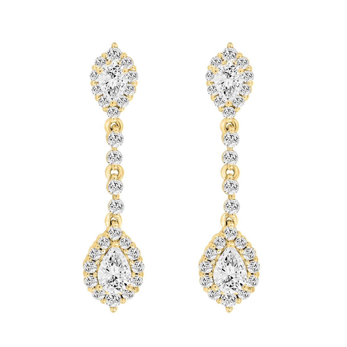 LADIES LINEAR EARRINGS 2 3/4CT PEAR/ROUND DIAMOND 14K YELLOW GOLD (CENTER STONE PEAR DIAMOND 1CT )