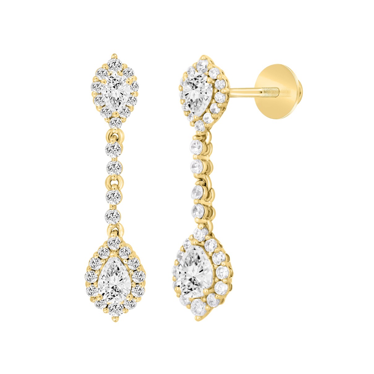 LADIES LINEAR EARRINGS 2 3/4CT PEAR/ROUND DIAMOND 14K YELLOW GOLD (CENTER STONE PEAR DIAMOND 1CT )