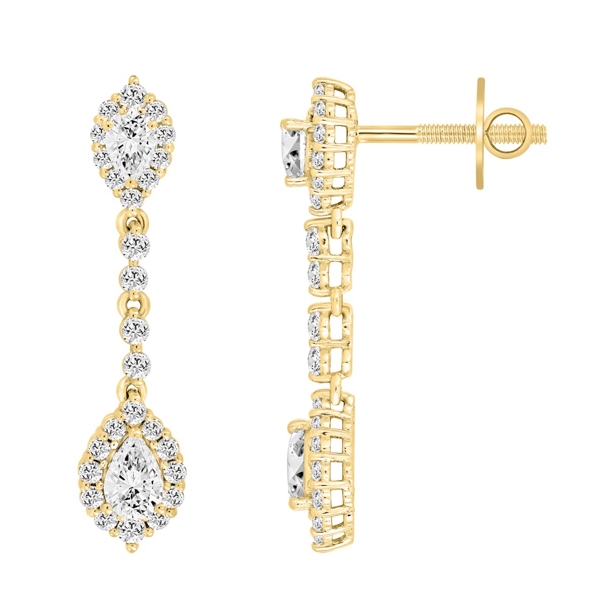 LADIES LINEAR EARRINGS 2 3/4CT PEAR/ROUND DIAMOND 14K YELLOW GOLD (CENTER STONE PEAR DIAMOND 1CT )