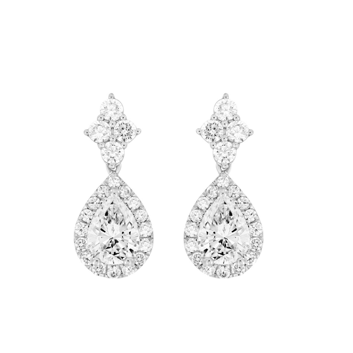 LADIES EARRINGS 3 1/4CT ROUND/PEAR DIAMOND 14K WHITE GOLD (CENTER STONE PEAR DIAMOND 2CT )