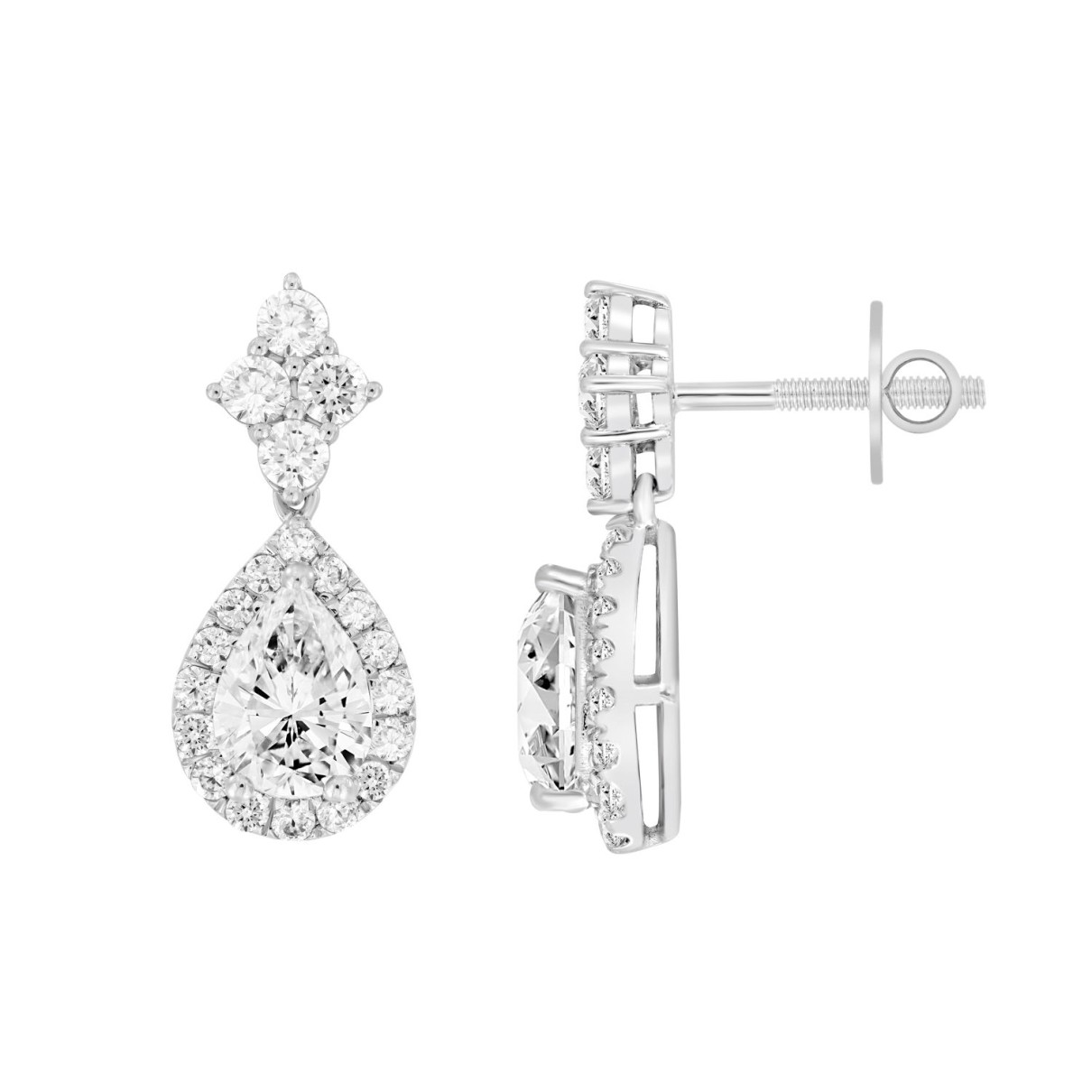 LADIES EARRINGS 3 1/4CT ROUND/PEAR DIAMOND 14K WHITE GOLD (CENTER STONE PEAR DIAMOND 2CT )