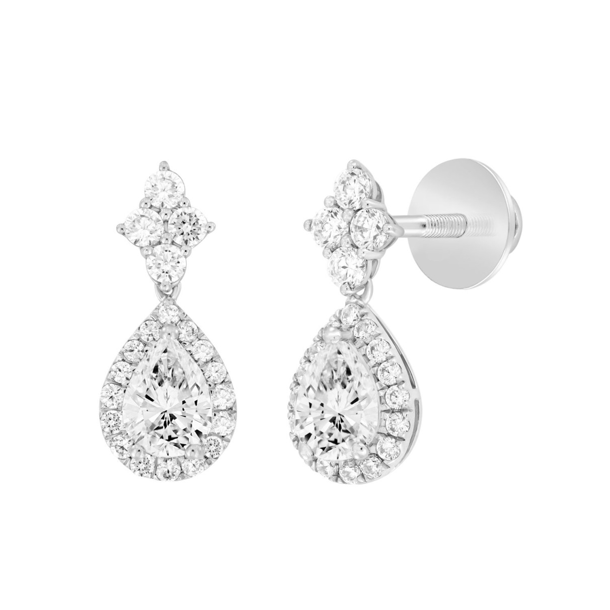 LADIES EARRINGS 3 1/4CT ROUND/PEAR DIAMOND 14K WHITE GOLD (CENTER STONE PEAR DIAMOND 2CT )