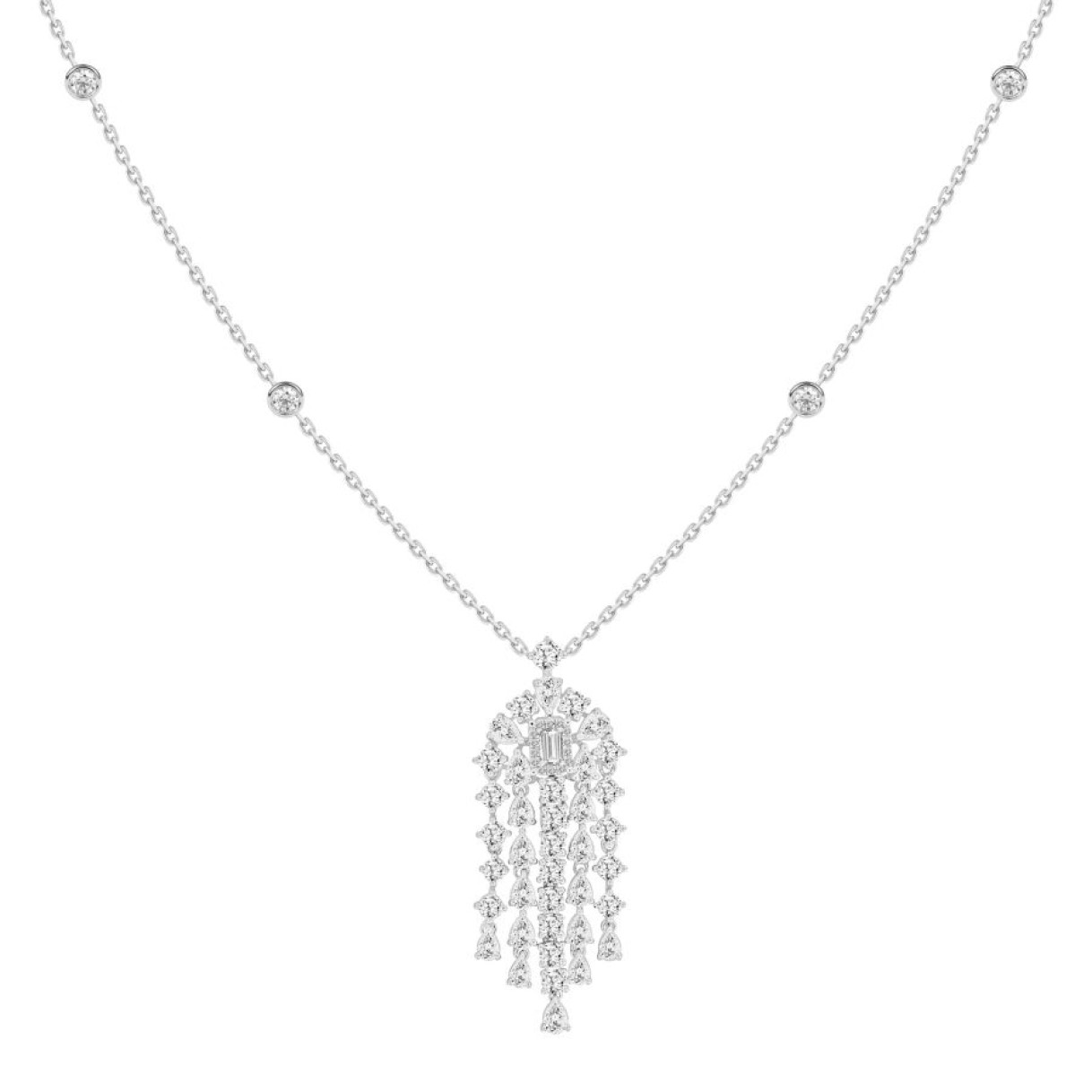 LADIES NECKLACE 7 1/2CT ROUND/PEAR/EMERALD DIAMOND 14K WHITE GOLD