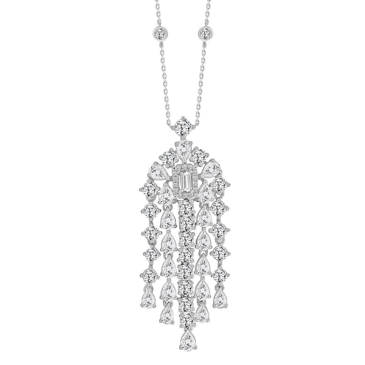 LADIES NECKLACE 7 1/2CT ROUND/PEAR/EMERALD DIAMOND 14K WHITE GOLD