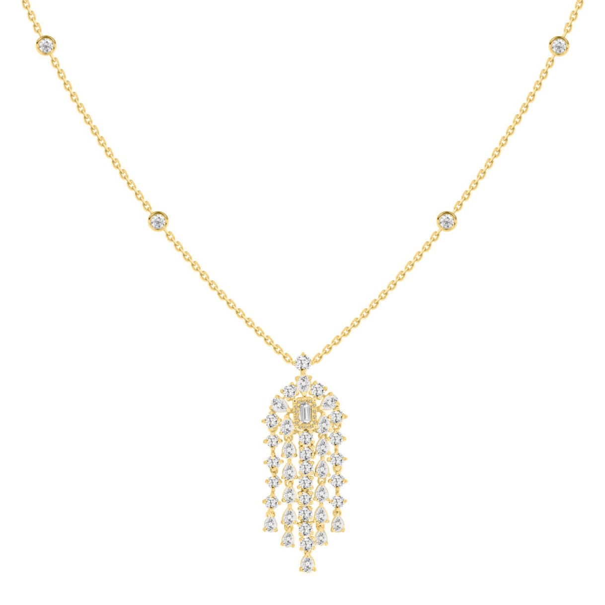 LADIES NECKLACE 7 1/2CT ROUND/PEAR/EMERALD DIAMOND 14K YELLOW GOLD