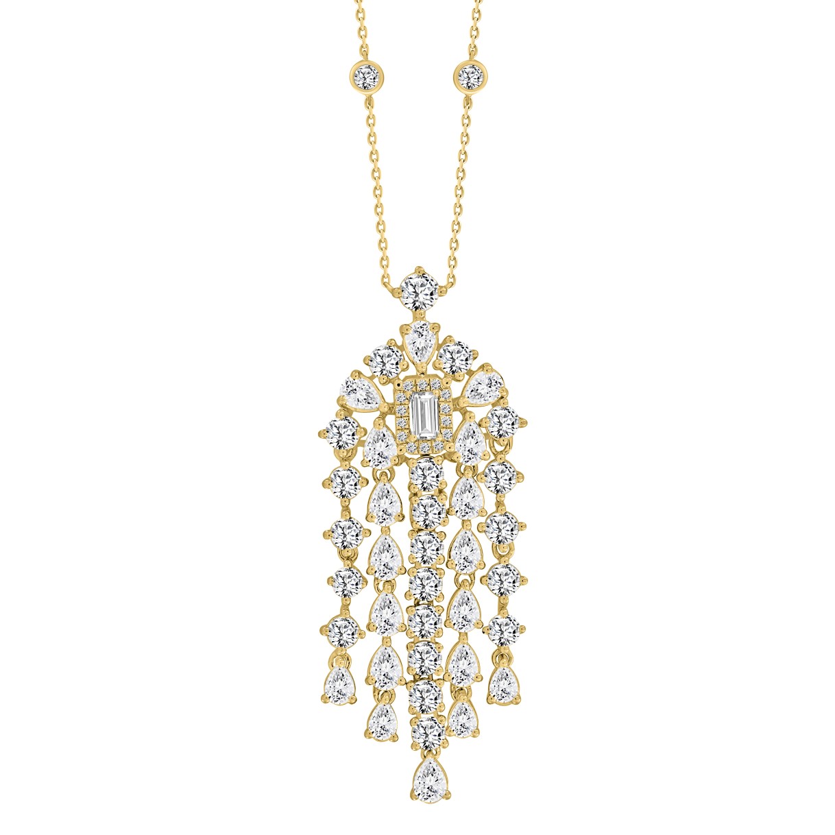 LADIES NECKLACE 7 1/2CT ROUND/PEAR/EMERALD DIAMOND 14K YELLOW GOLD