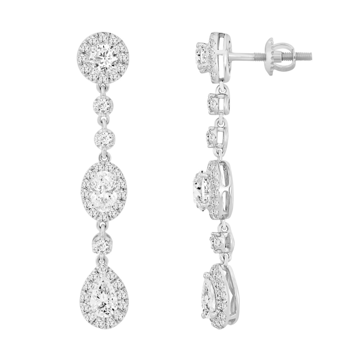 LADIES LINEAR EARRINGS 3 1/2CT OVAL/ROUND/PEAR DIAMOND 14K WHITE GOLD
