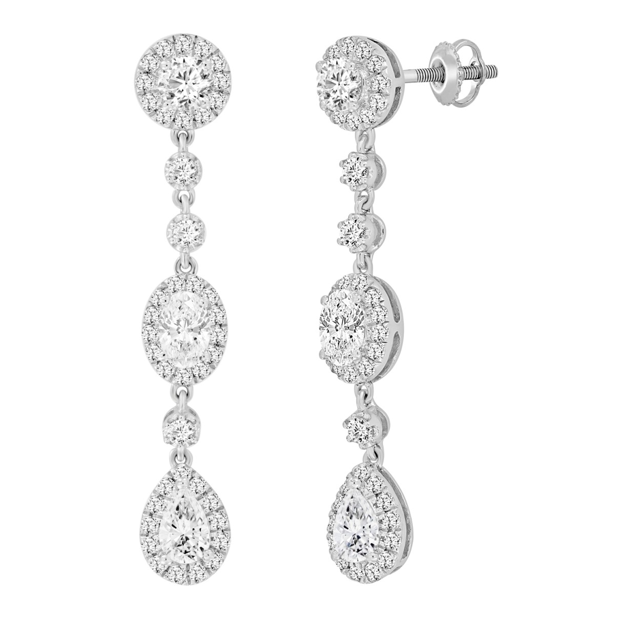 LADIES LINEAR EARRINGS 3 1/2CT OVAL/ROUND/PEAR DIAMOND 14K WHITE GOLD