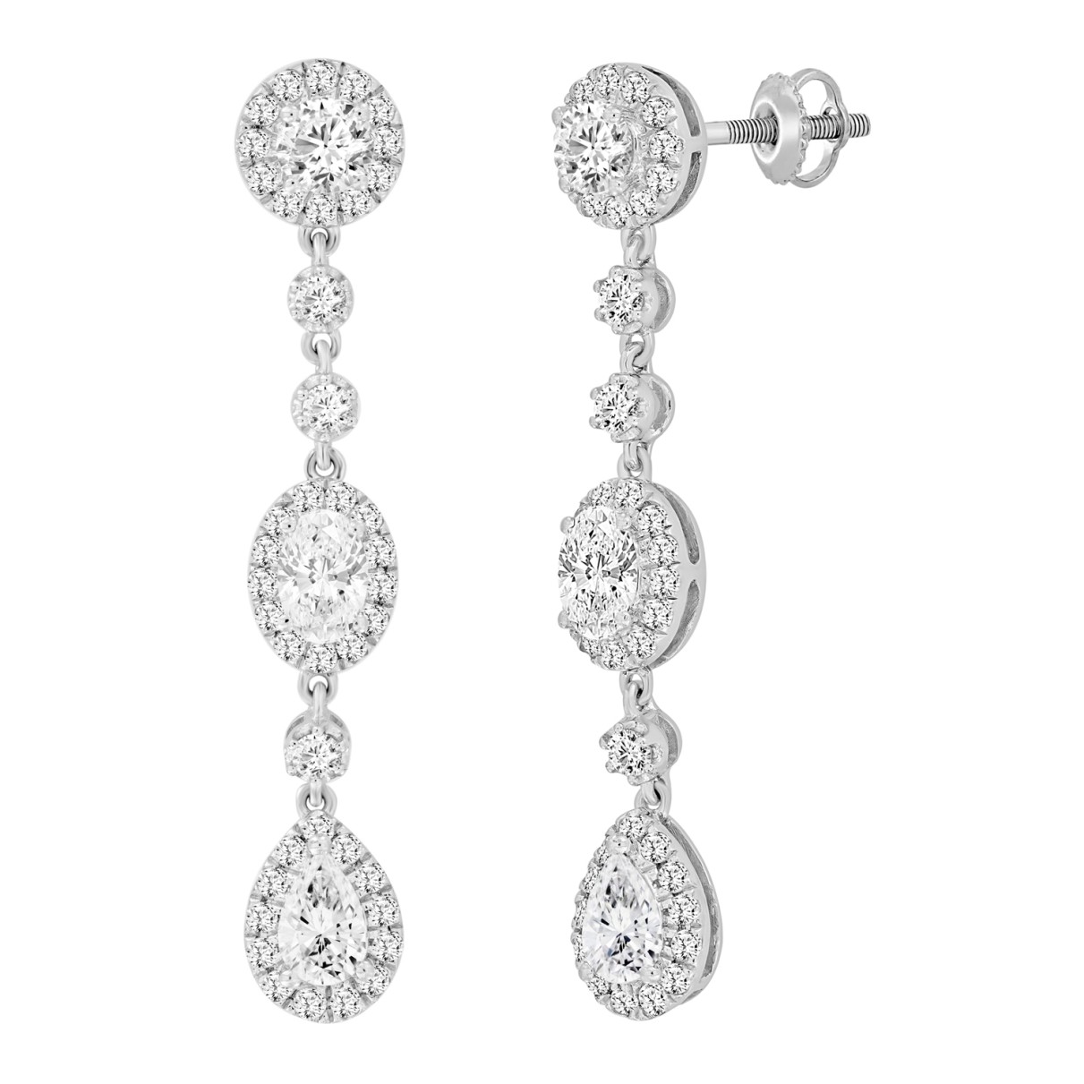 LINEAR EARRINGS 3 1/2CT OVAL/ROUND/PEAR DIAMOND 14K WHITE GOLD