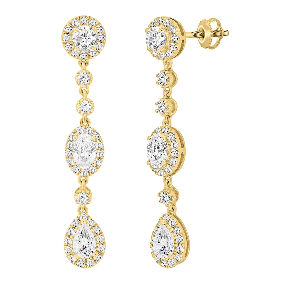 LADIES LINEAR EARRINGS 3 1/2CT OVAL/ROUND/PEAR DIAMOND 14K YELLOW GOLD