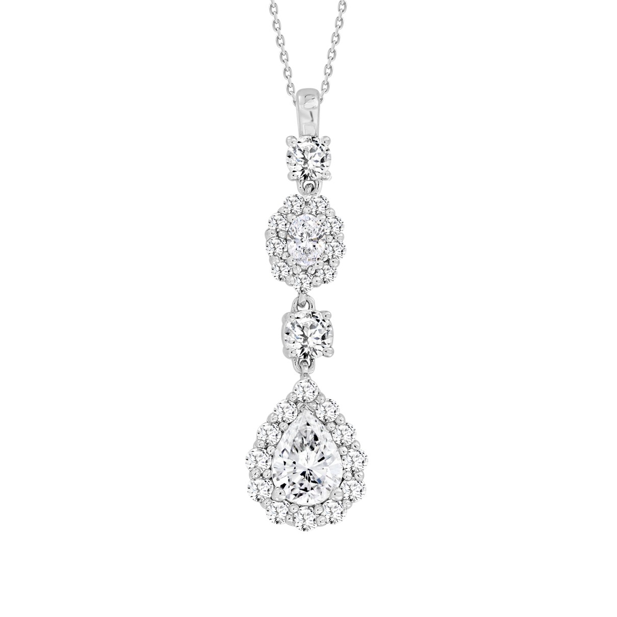 LADIES PENDANT WITH CHAIN 2CT PEAR/ROUND/OVAL DIAMOND 14K WHITE GOLD