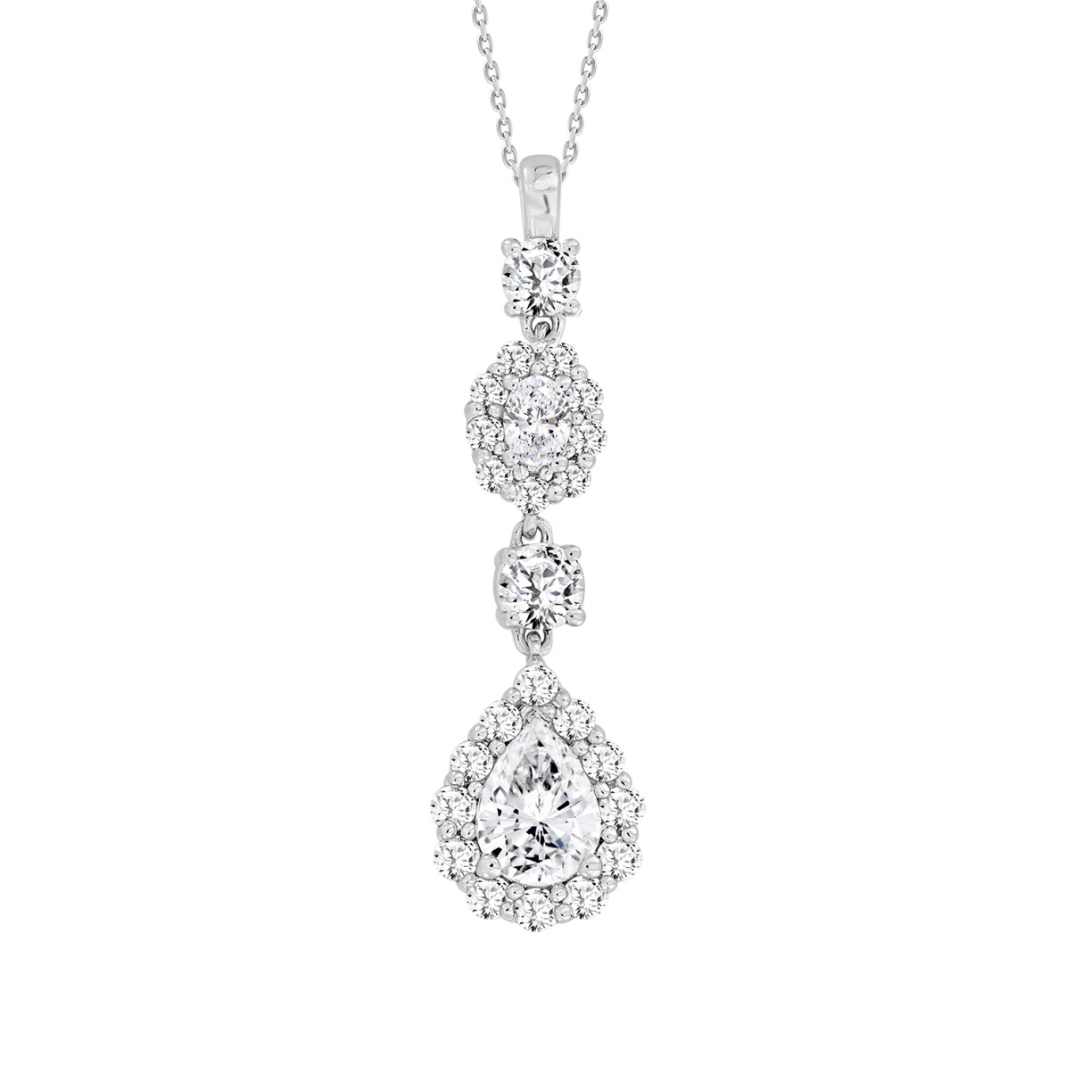 LADIES PENDANT WITH CHAIN 2CT PEAR/ROUND/OVAL DIAMOND 14K WHITE GOLD