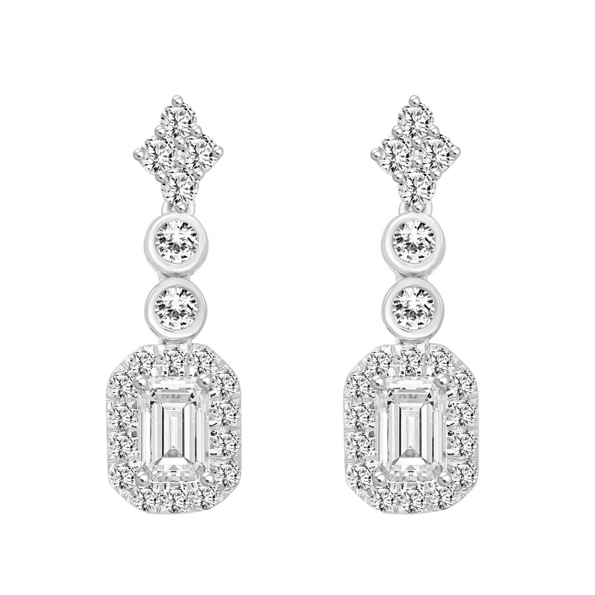 14K WHITE GOLD 2CT ROUND EMERALD DIAMOND LADIES LINEAR EARRINGS (CENTER STONE EMERALD DIAMOND 1CT )