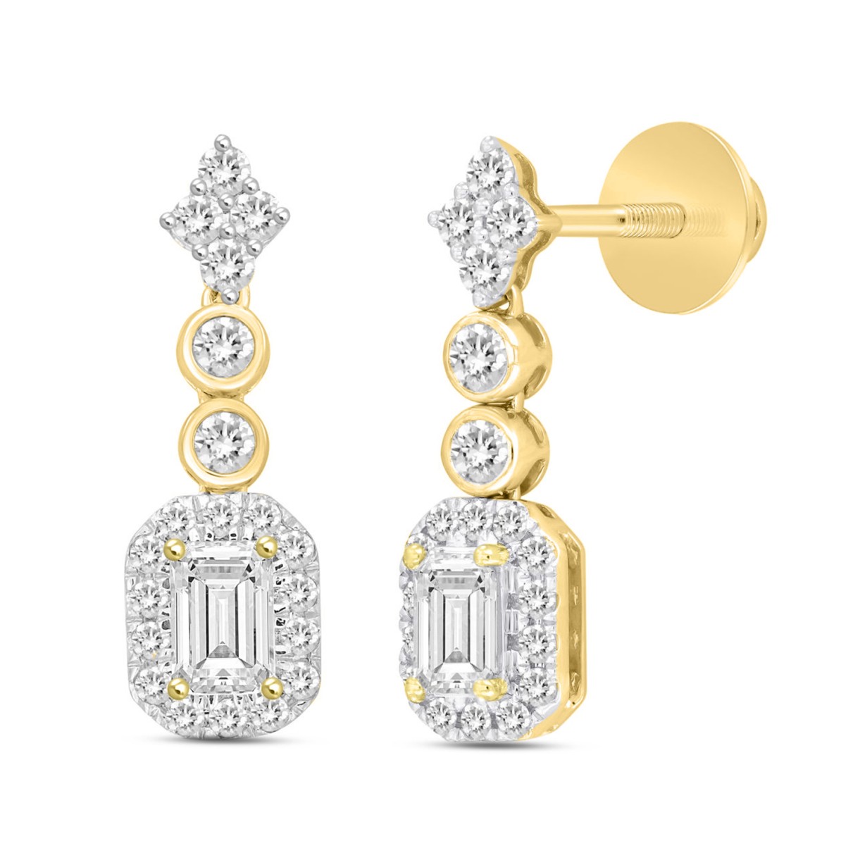 14K YELLOW GOLD 2CT ROUND EMERALD DIAMOND LADIES LINEAR EARRINGS (CENTER STONE EMERALD DIAMOND 1CT )