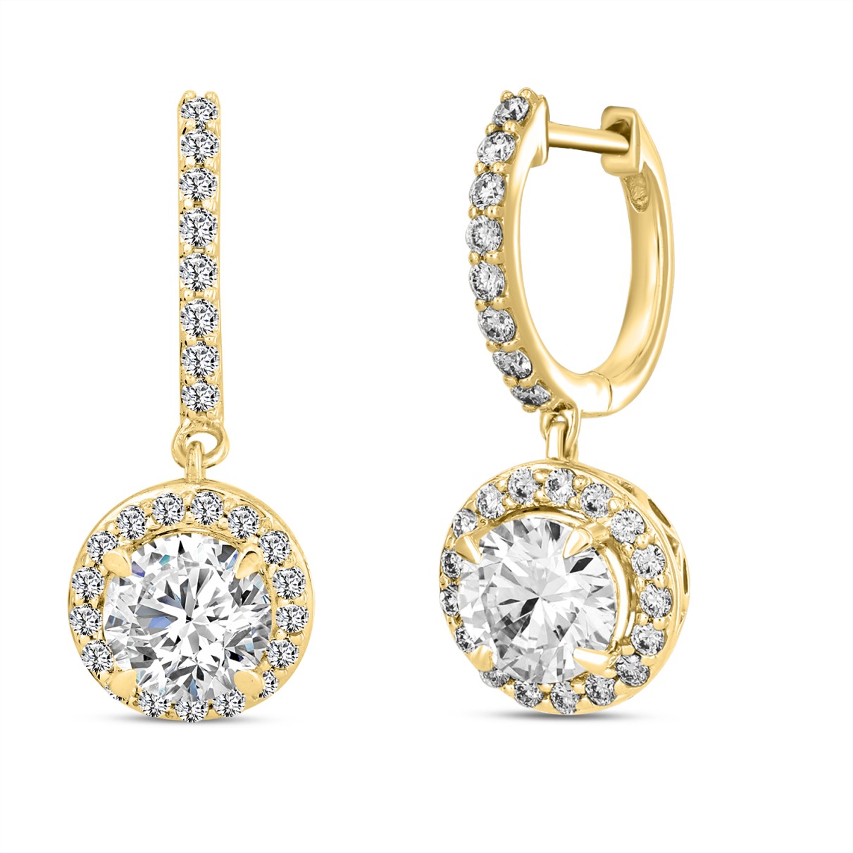 LADIES EARRINGS  2 1/2CT ROUND DIAMOND 14K YELLOW GOLD (CENTER STONE ROUND DIAMOND 2CT )