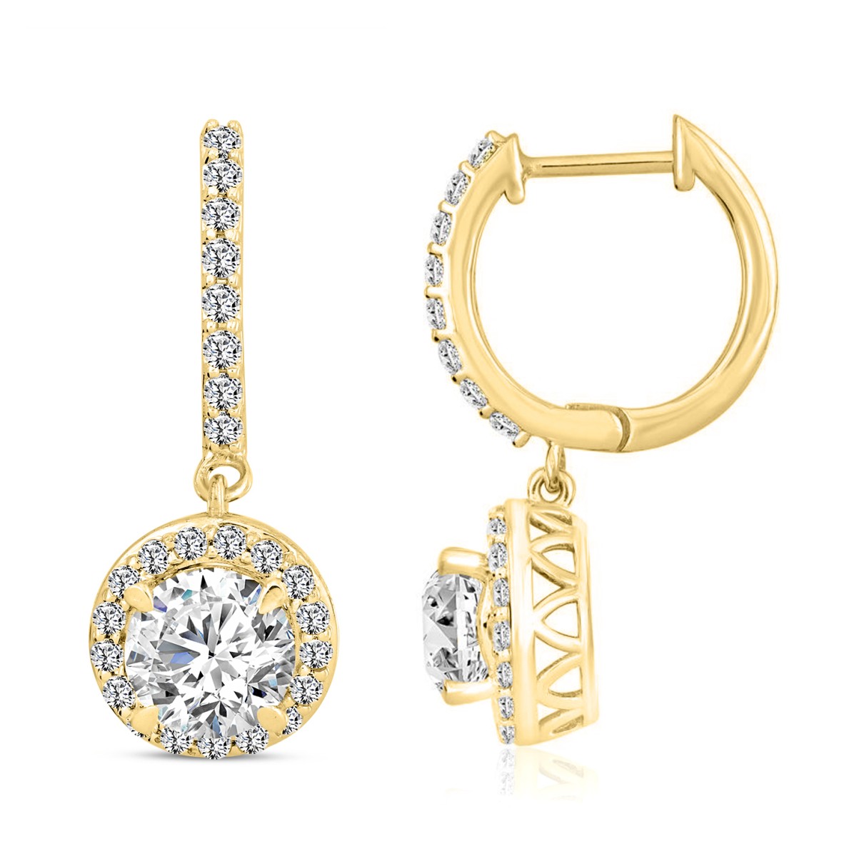 LADIES EARRINGS 2 1/2CT ROUND DIAMOND 14K YELLOW GOLD (CENTER STONE ROUND DIAMOND 2CT )