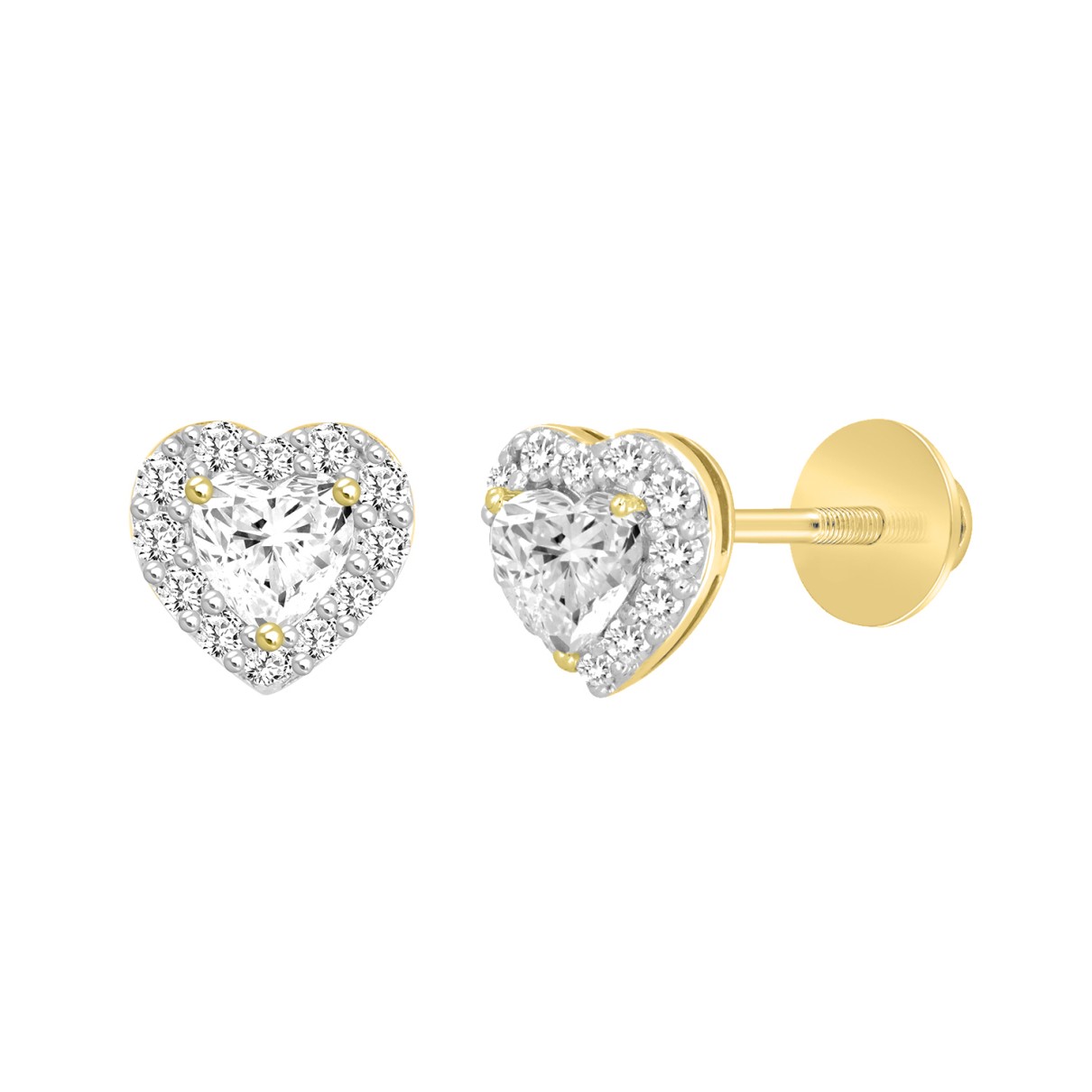 14K YELLOW GOLD1 3/8CT ROUND / HEART DIAMOND LADIES EARRINGS (CENTER STONE HEART DIAMOND 1CT )