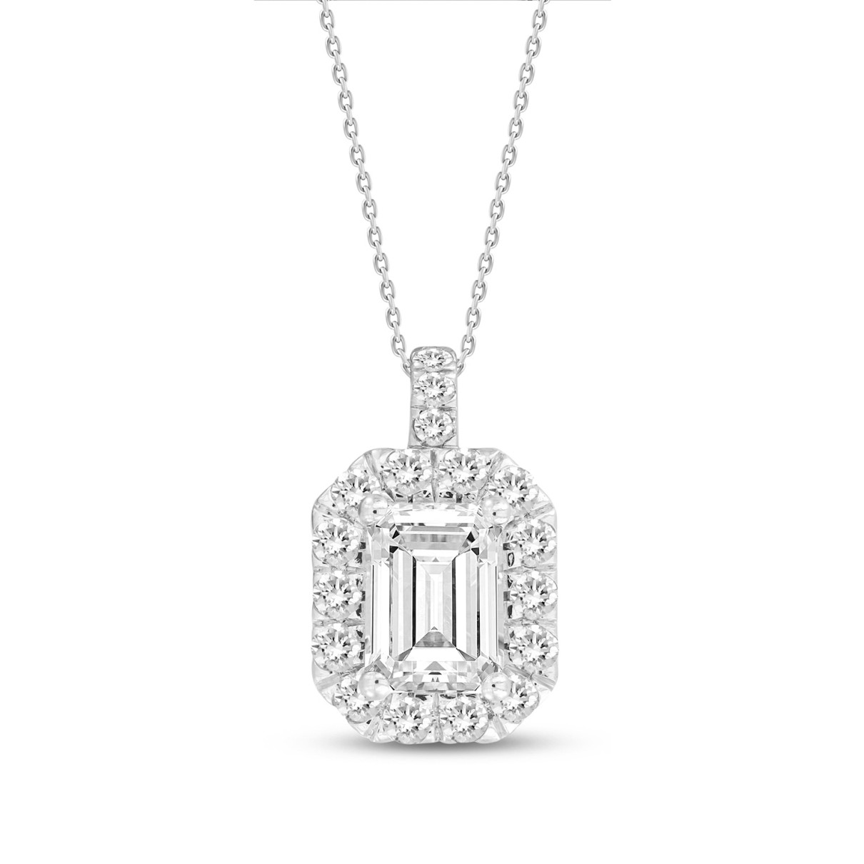 LADIES PENDANT WITH CHAIN 1 3/8CT ROUND/EMERALD DIAMOND 14K WHITE GOLD (CENTER STONE EMERALD DIAMOND 1CT )