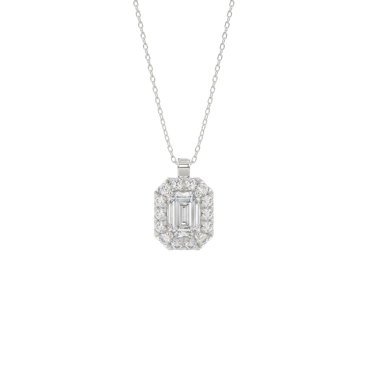 LADIES PENDANT WITH CHAIN 1 3/8CT ROUND/EMERALD DIAMOND 14K WHITE GOLD (CENTER STONE EMERALD DIAMOND 1CT )