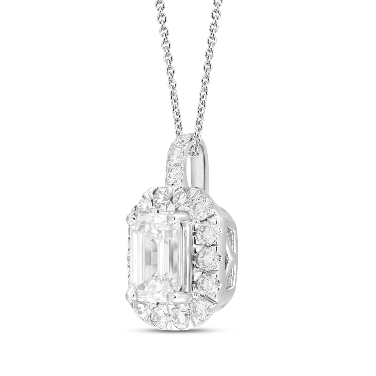 LADIES PENDANT WITH CHAIN 1 3/8CT ROUND/EMERALD DIAMOND 14K WHITE GOLD (CENTER STONE EMERALD DIAMOND 1CT )