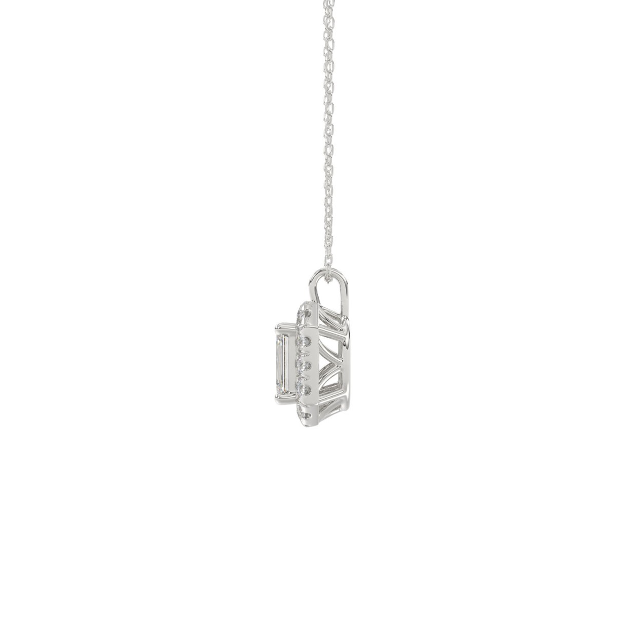 LADIES PENDANT WITH CHAIN 1 3/8CT ROUND/EMERALD DIAMOND 14K WHITE GOLD (CENTER STONE EMERALD DIAMOND 1CT )