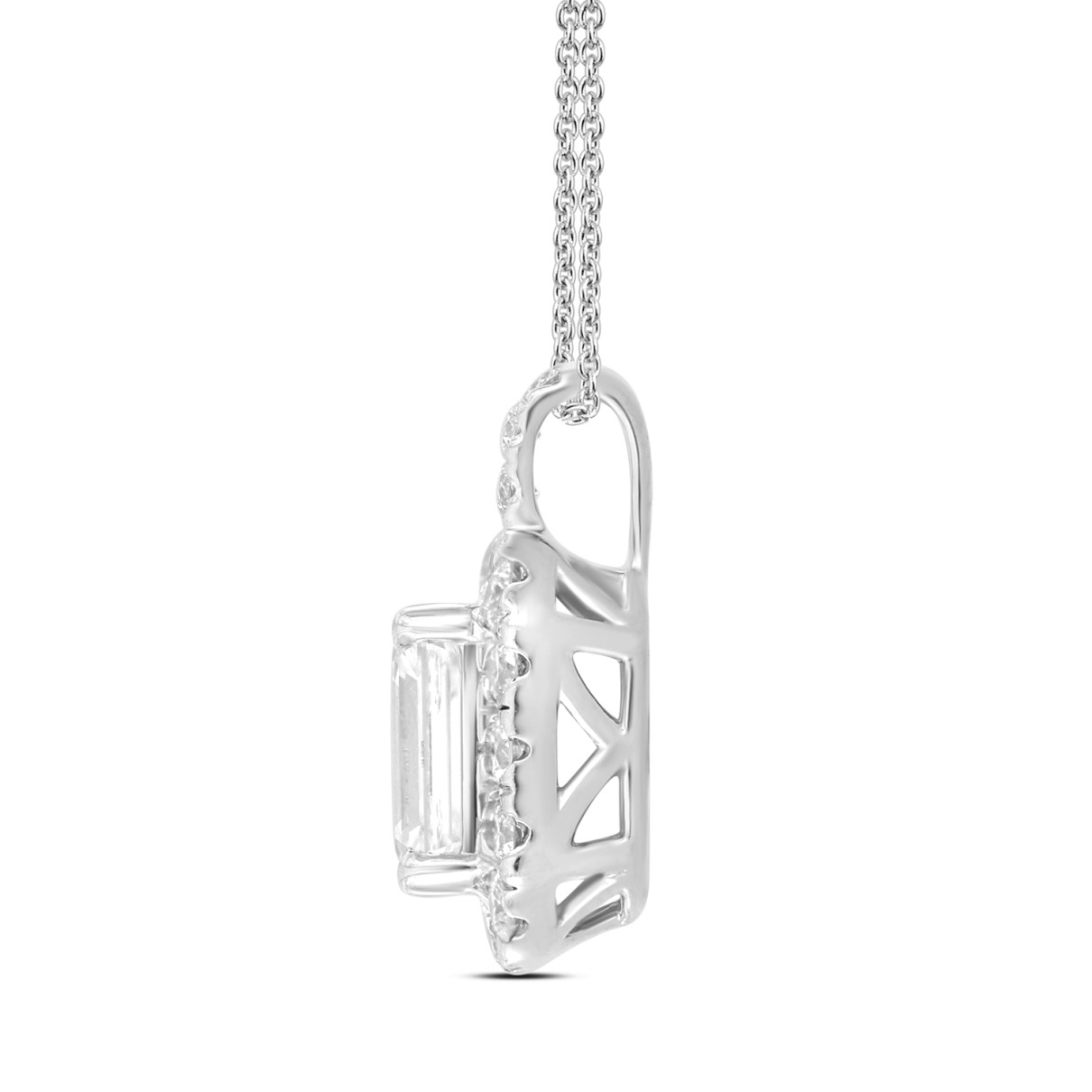 LADIES PENDANT WITH CHAIN 1 3/8CT ROUND/EMERALD DIAMOND 14K WHITE GOLD (CENTER STONE EMERALD DIAMOND 1CT )