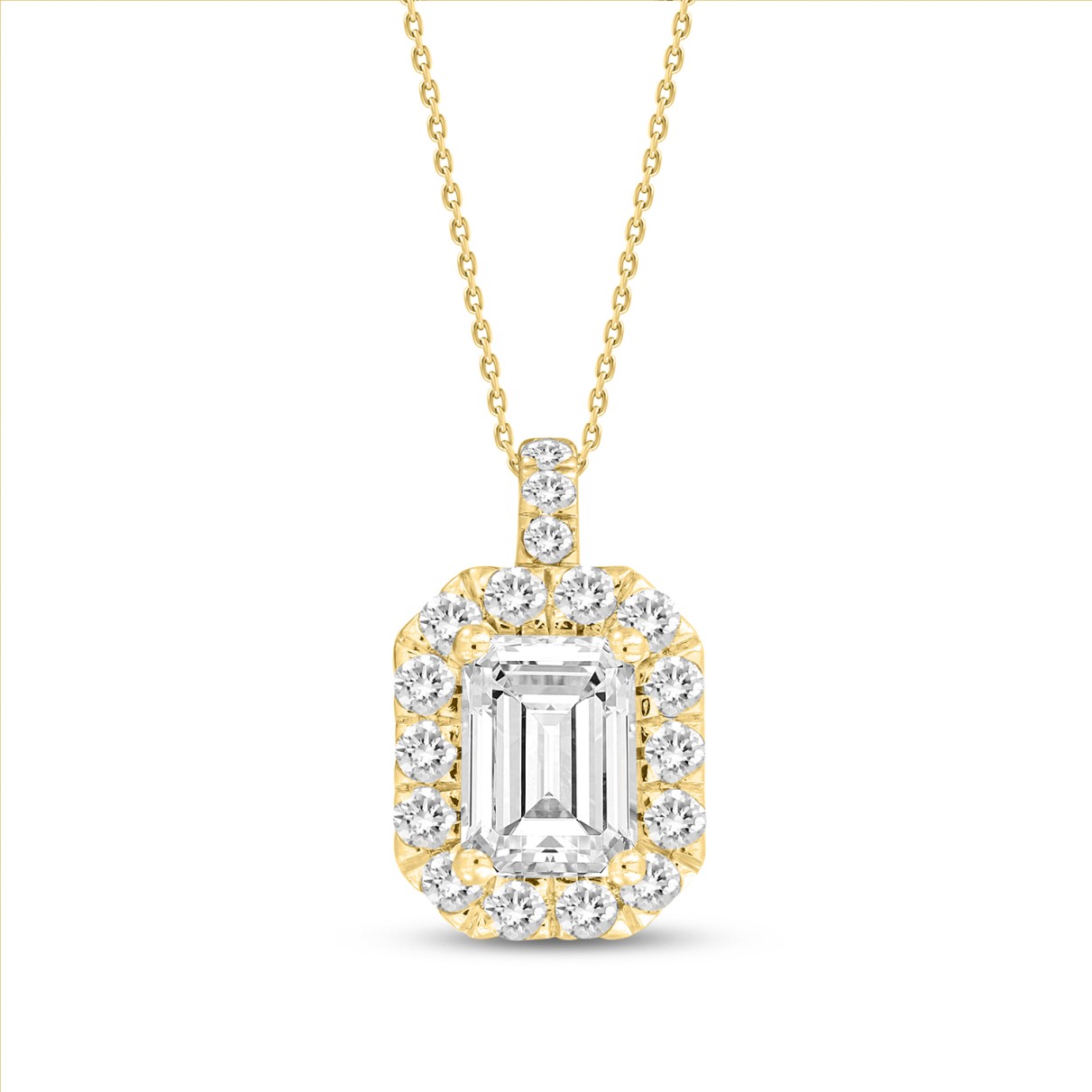 14K YELLOW GOLD 1 3/8CT ROUND EMERALD DIAMOND LADIES PENDANT WITH CHAIN (CENTER STONE EMERALD DIAMOND 1CT )