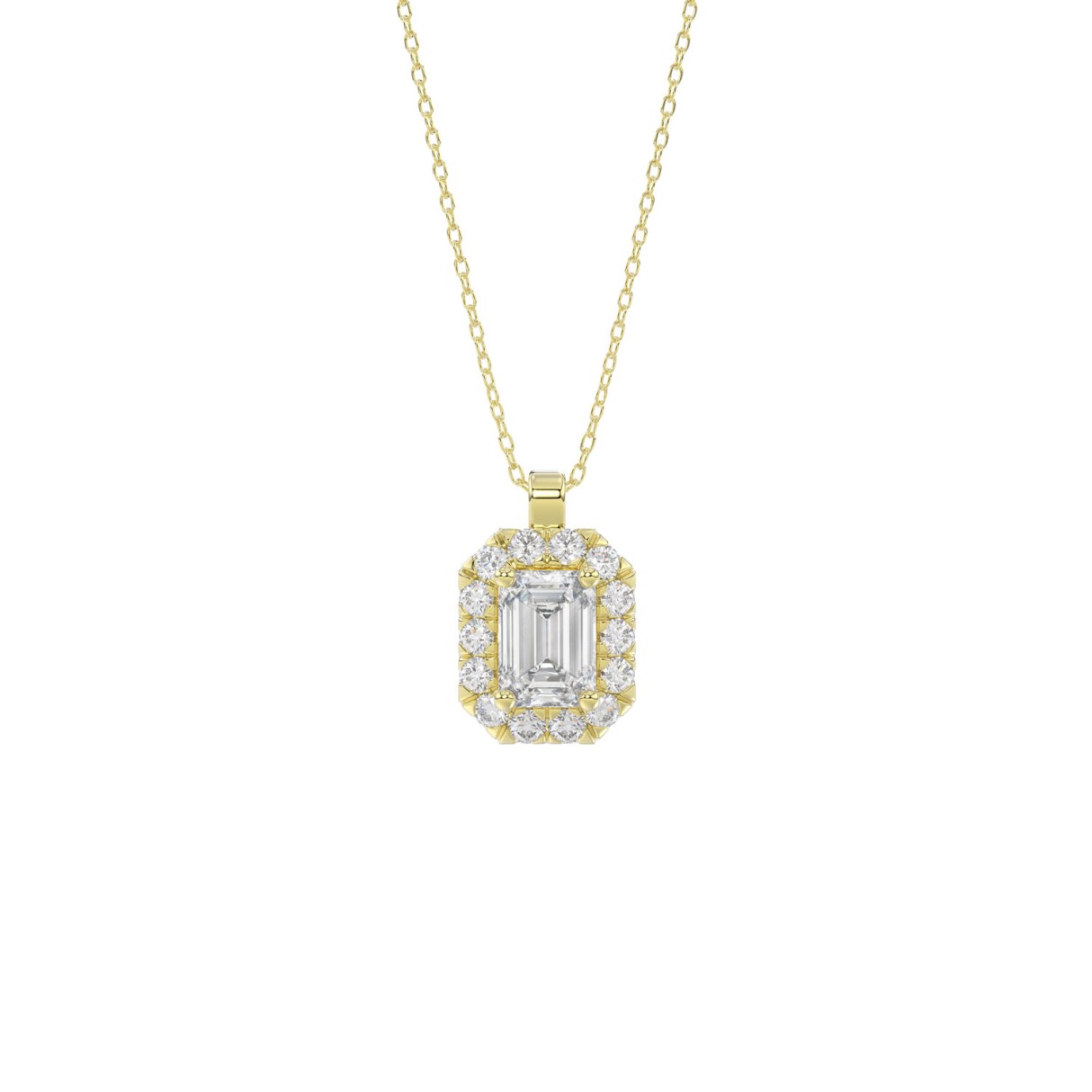 14K YELLOW GOLD 1 3/8CT ROUND EMERALD DIAMOND LADIES PENDANT WITH CHAIN (CENTER STONE EMERALD DIAMOND 1CT )