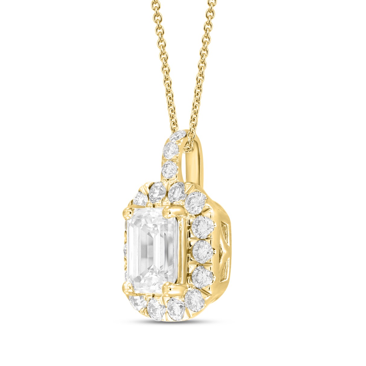 14K YELLOW GOLD 1 3/8CT ROUND EMERALD DIAMOND LADIES PENDANT WITH CHAIN (CENTER STONE EMERALD DIAMOND 1CT )